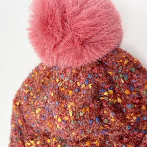 Confetti Cable Knit Pom Pom Beanie Stocking Cap Coral